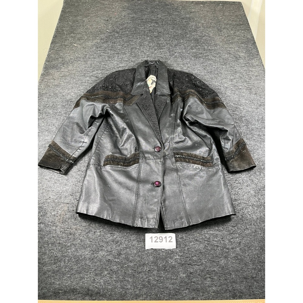 Springwest Leather Jacket Womens M Black Paisley Western Suede Trim Notch Lapel